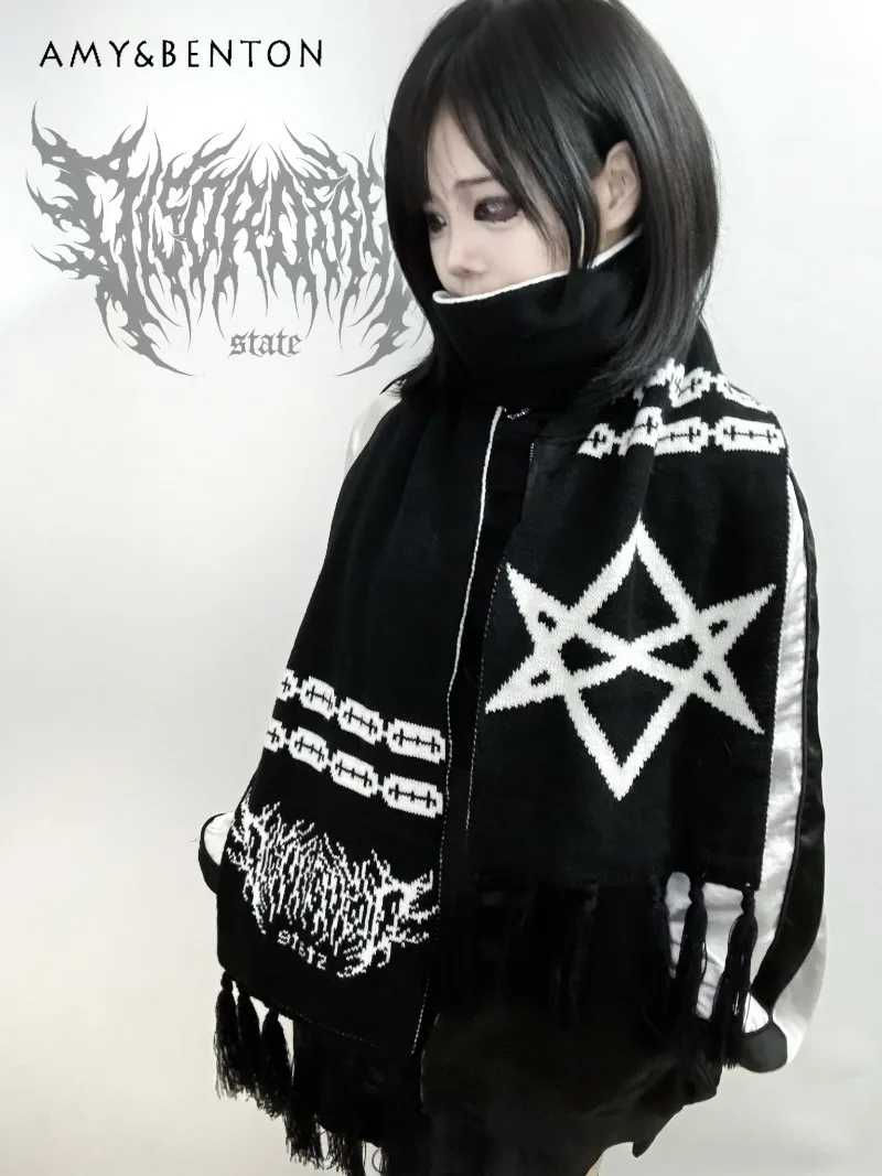 

Original Subculture Two-Dimensional Print Patchwork Color Tassel Scarf Women Japanese Dark Girl Gothic Scarf Soft Thicken Shawl