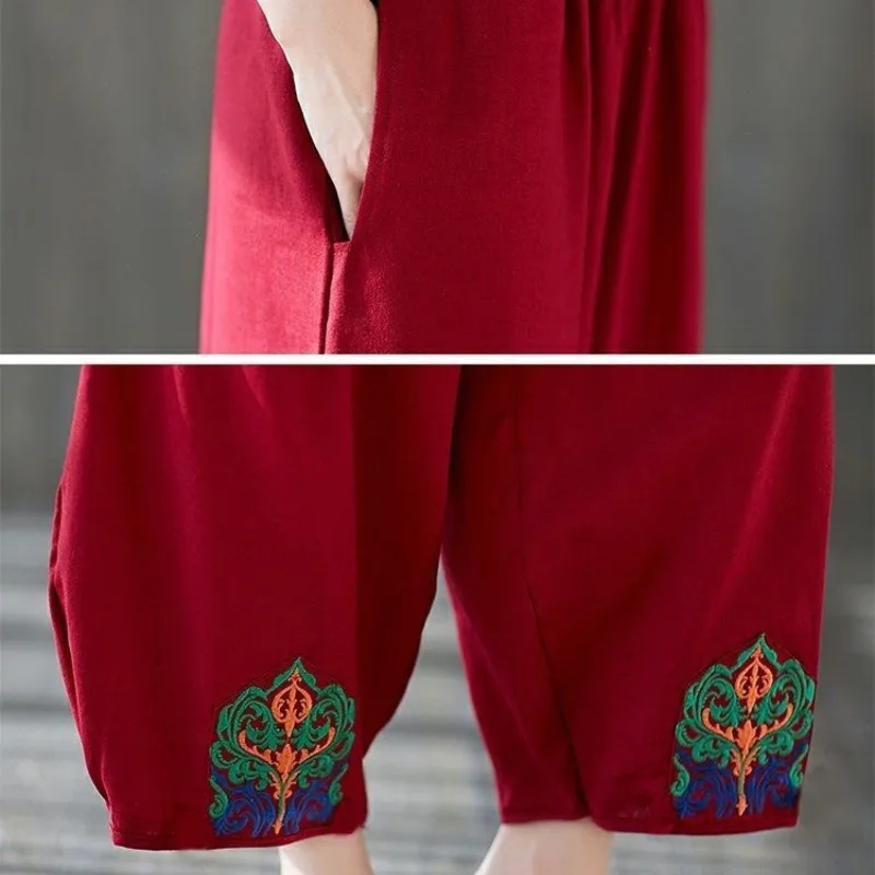 Summer Women\'s 2024 New Patchwork High-waisted Fashion Solid Color Pocket Embroidery Loose Vintage All Match Casual Pants