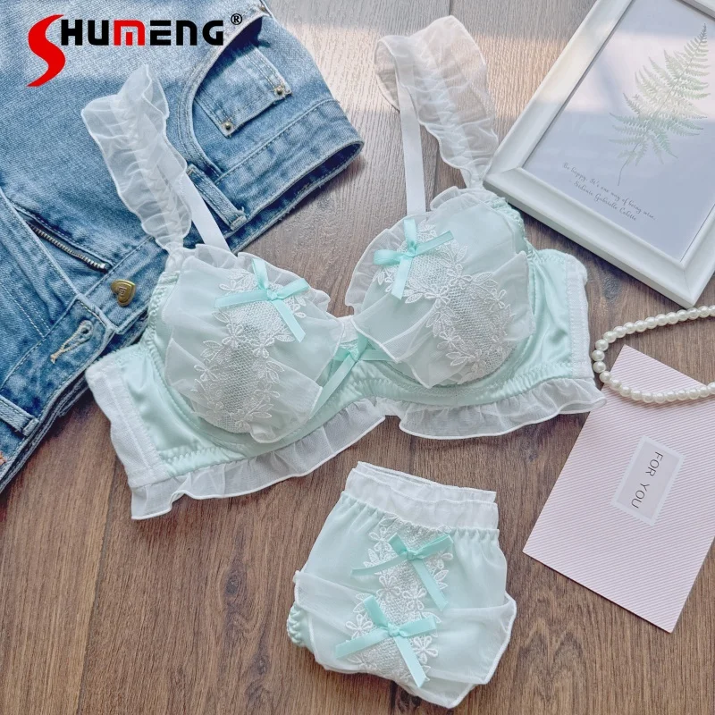 

Women's Push Up Sweet Bra Set Japanese Style Lace Ribbon Girl Underwear Suits Female Cute Bow Soft Underwire Intimates Set