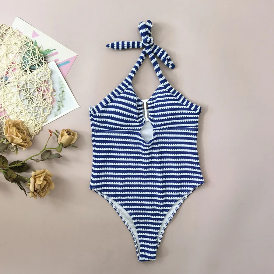 

sexy knitted blue white striped swimsuits one piece halter tie bikinis swimwear bodysuits women biquini bathing suits tankini