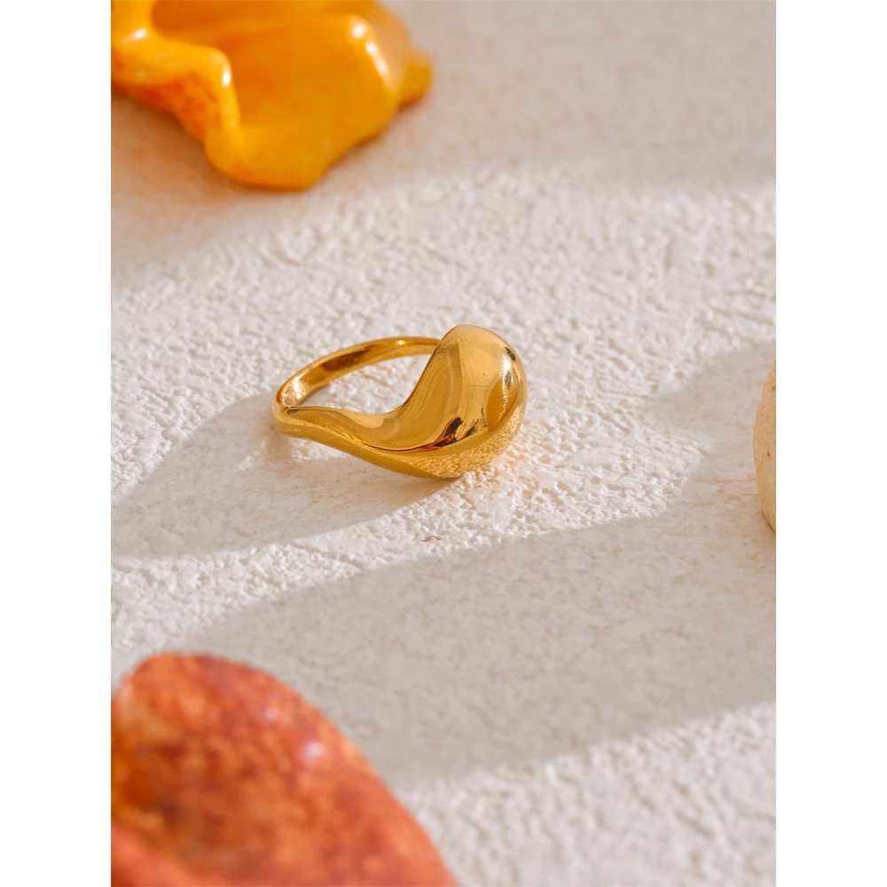Yhpup 2025 Minimalist Stainless Steel Water Drop Golden Ring Distinctive Rust Proof Metal Popular Jewelry Wholesale