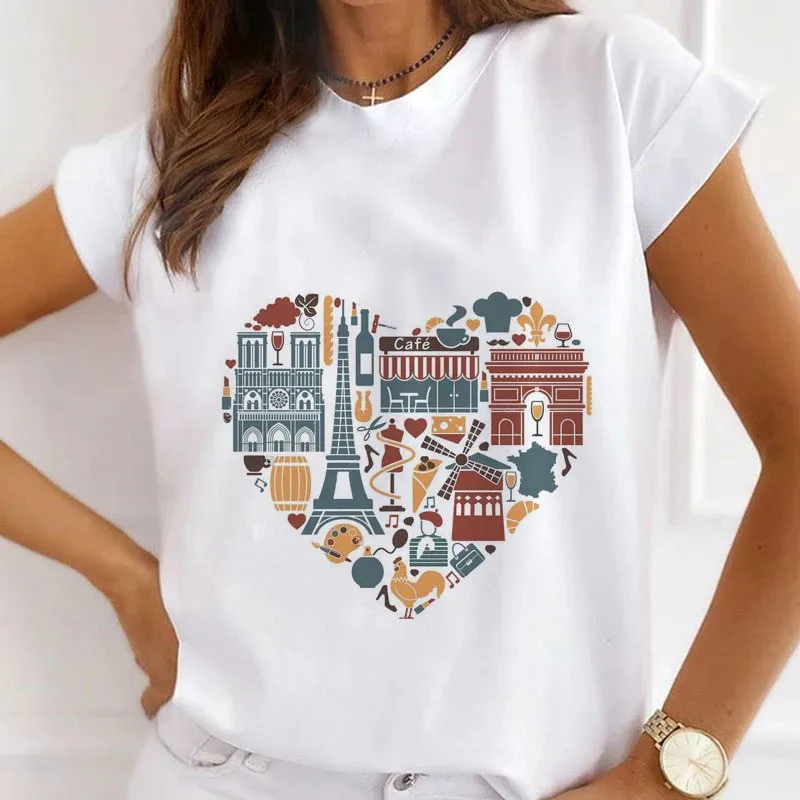 Round Neck Europe and The United States New Urban Girls Summer T-shirt Tops  Women Clothing  Graphic Summer polyester fabric