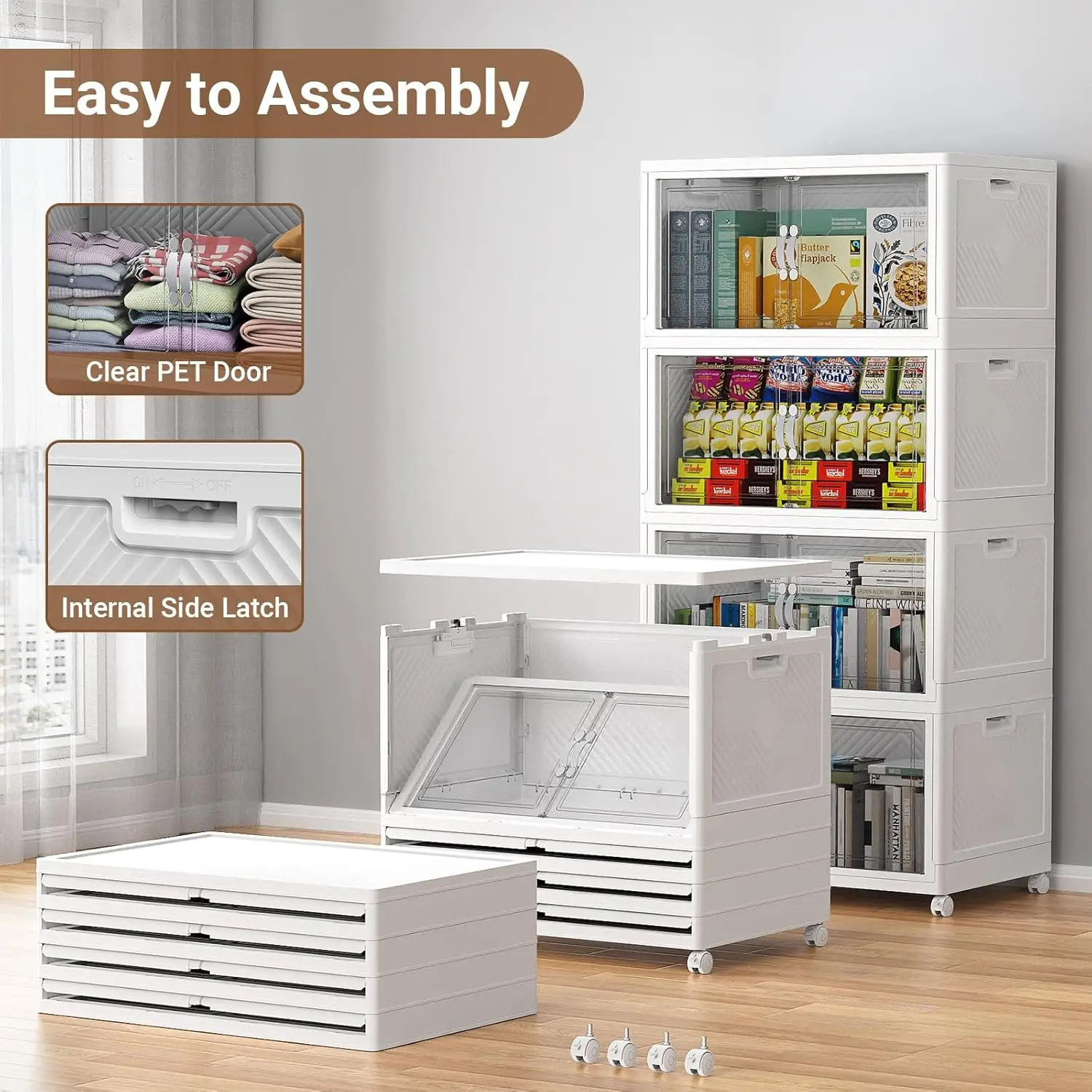 صناديق تخزين كبيرة قابلة للتكديس 640 كيو تي، منظم بلاستيكي شفاف سعة 160 جالون مع غطاء وعجلات، 4 عبوات باللون الأبيض #6