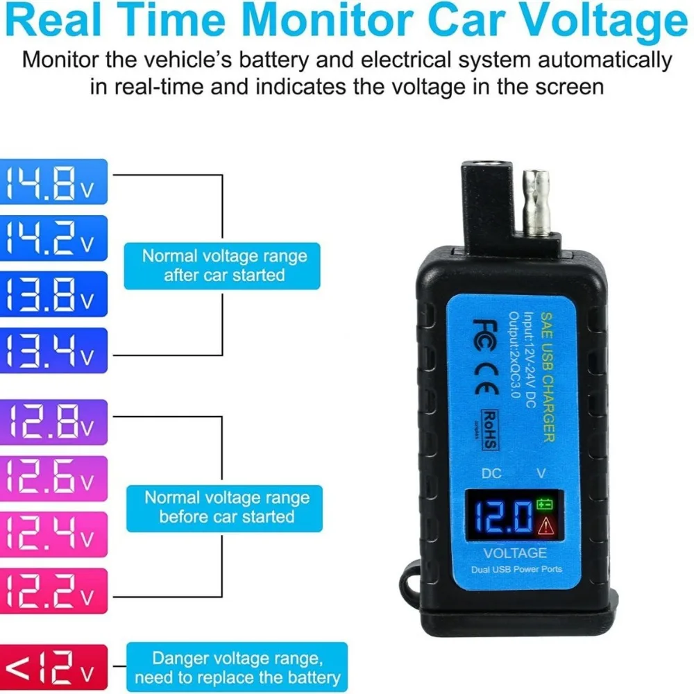 4.2A Motorcycle USB Charger SAE to USB QC3.0 SAE Extension Cable Voltmeter ON/Off Switch Waterproof Quick Disconnect Plug