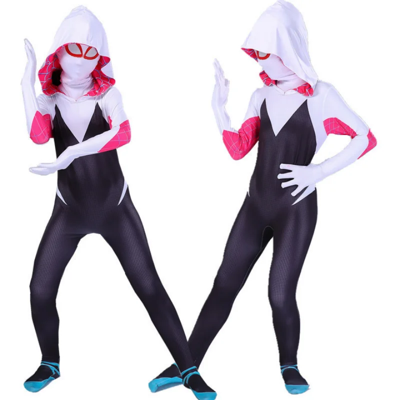 بدلة أطفال سبايدر جوين التأثيرية للبطل الخارق Gwendolyn Maxine Stacy ثلاثية الأبعاد Zentai للهالوين زي لعب الأدوار قناع بقلنسوة
