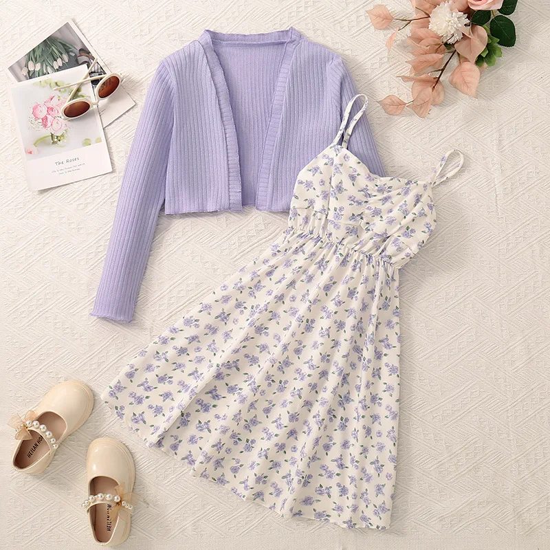 

Girls solid color pit stripe short long sleeved cardigan jacket with printed suspender fit dress set 5-13Y kids girls dress set
