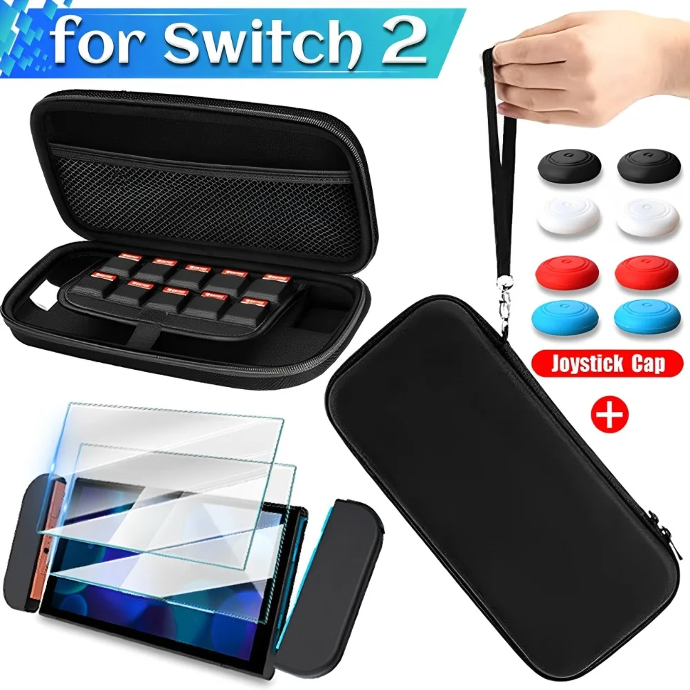 Carrying Case for Nintendo Switch 2 2025 Tempered Glass Screen Protector with Joystick Cap for Switch 2 Portable EVA Travel Bag