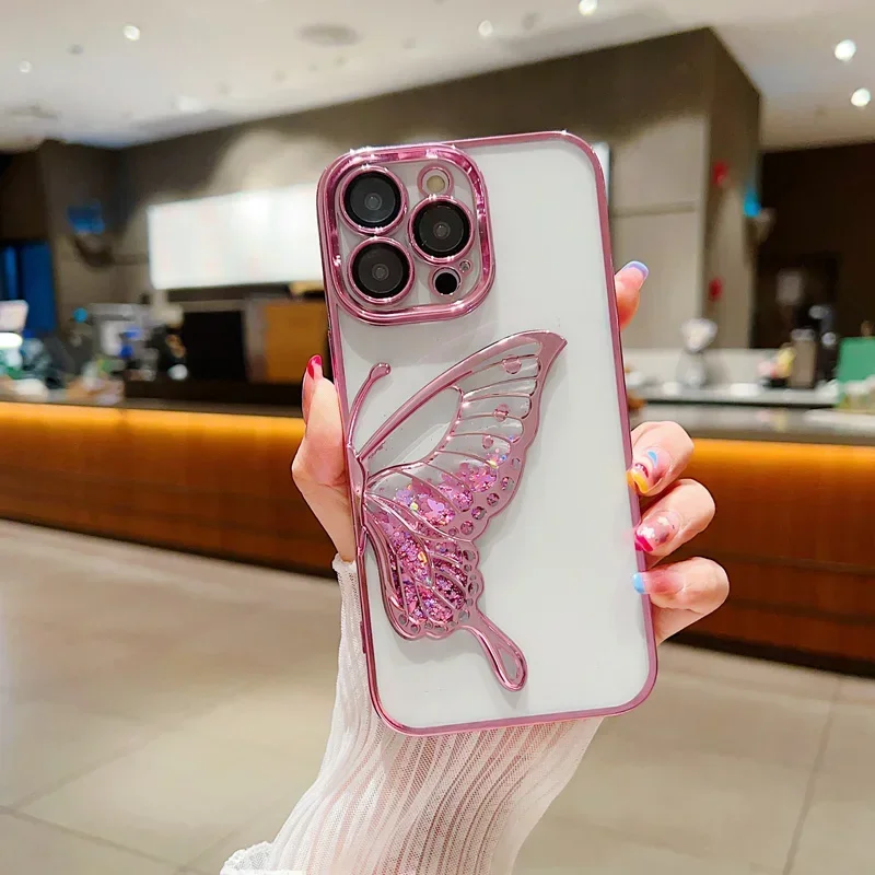 Luxury Electroplated Butterfly Transparent Phone Case For iPhone 16 15 14 13 12 11 Pro Max Camera Protection Shockproof Cover