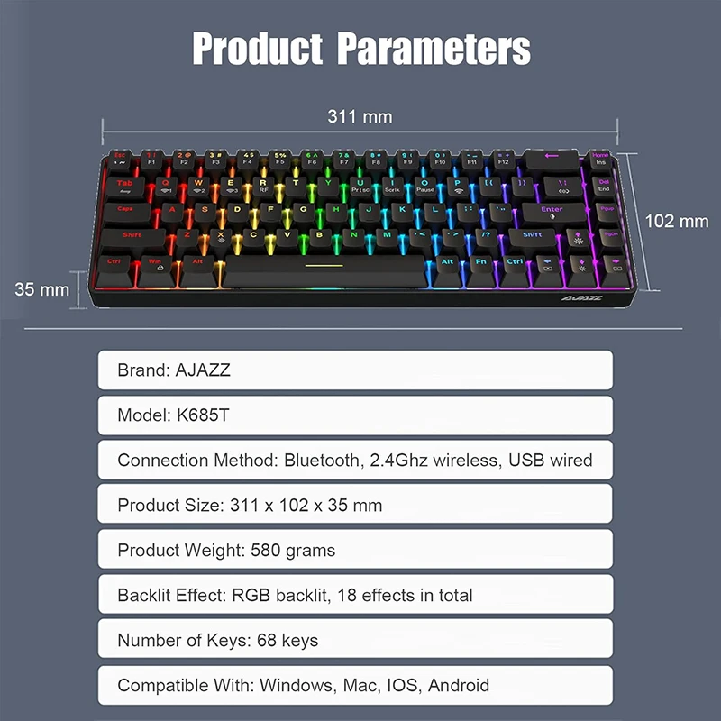 AJAZZ K685T Wireless Gaming Mechanical Keyboard 60% Hot Swappable RGB Backlight Bluetooth Keyboard for Win/MAC/IOS/PC/Laptop