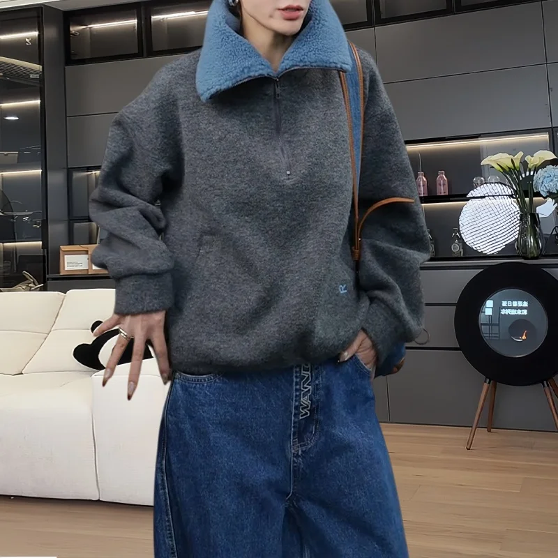 

Korean Sle Chunky ey Particle Fce Hoodie Women Loose Lazy Sle Thiened Warm f Zipper Top Henry Collar Long Sve