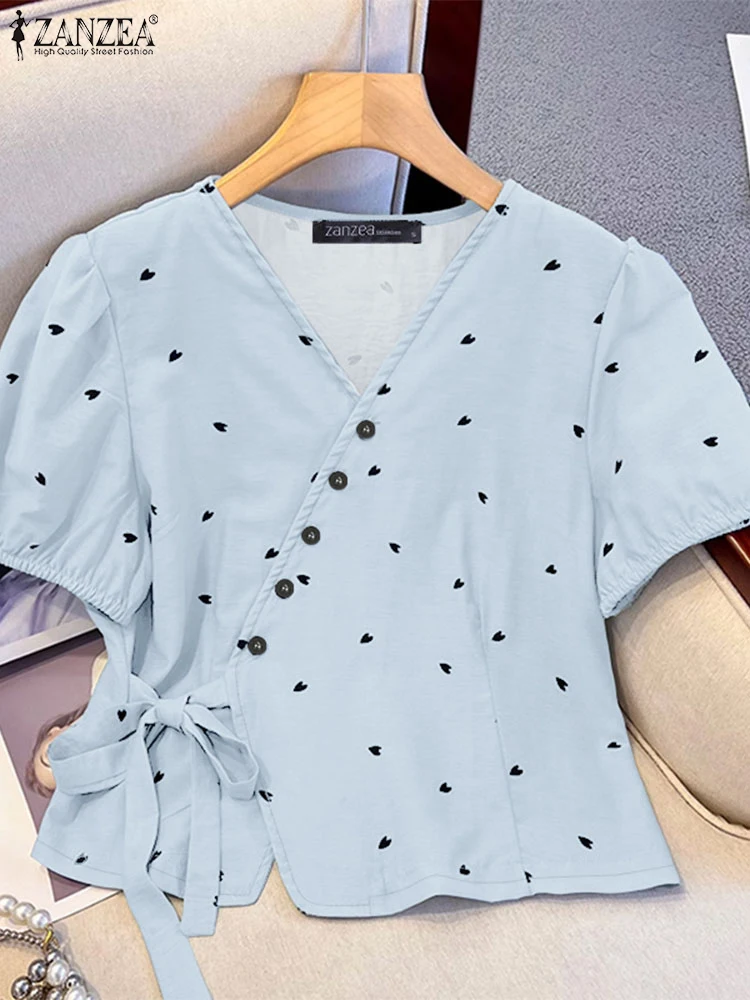 ZANZEA Hart Patroon Verpakt Blouses Vrouwen Mode V-hals Korte Bladerdeeg Mouw Boog Detail Blusas Mujer Alledaagse Casual Shirts