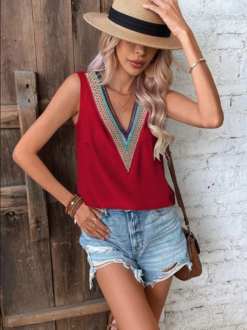 2024 Fashion Blouse Summer New Women's Elegant V-neck Lace Sleeveless Head Colorful Lace Hollow Leisure Solid Color Shirt 