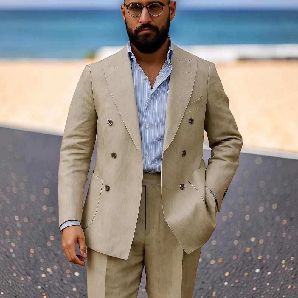 

Beige Linen Men Suits 2 Pieces Summer Men Suits Casual Breathable Lightweight Business Formal Outfit Slim Fit Blazer Pants Set