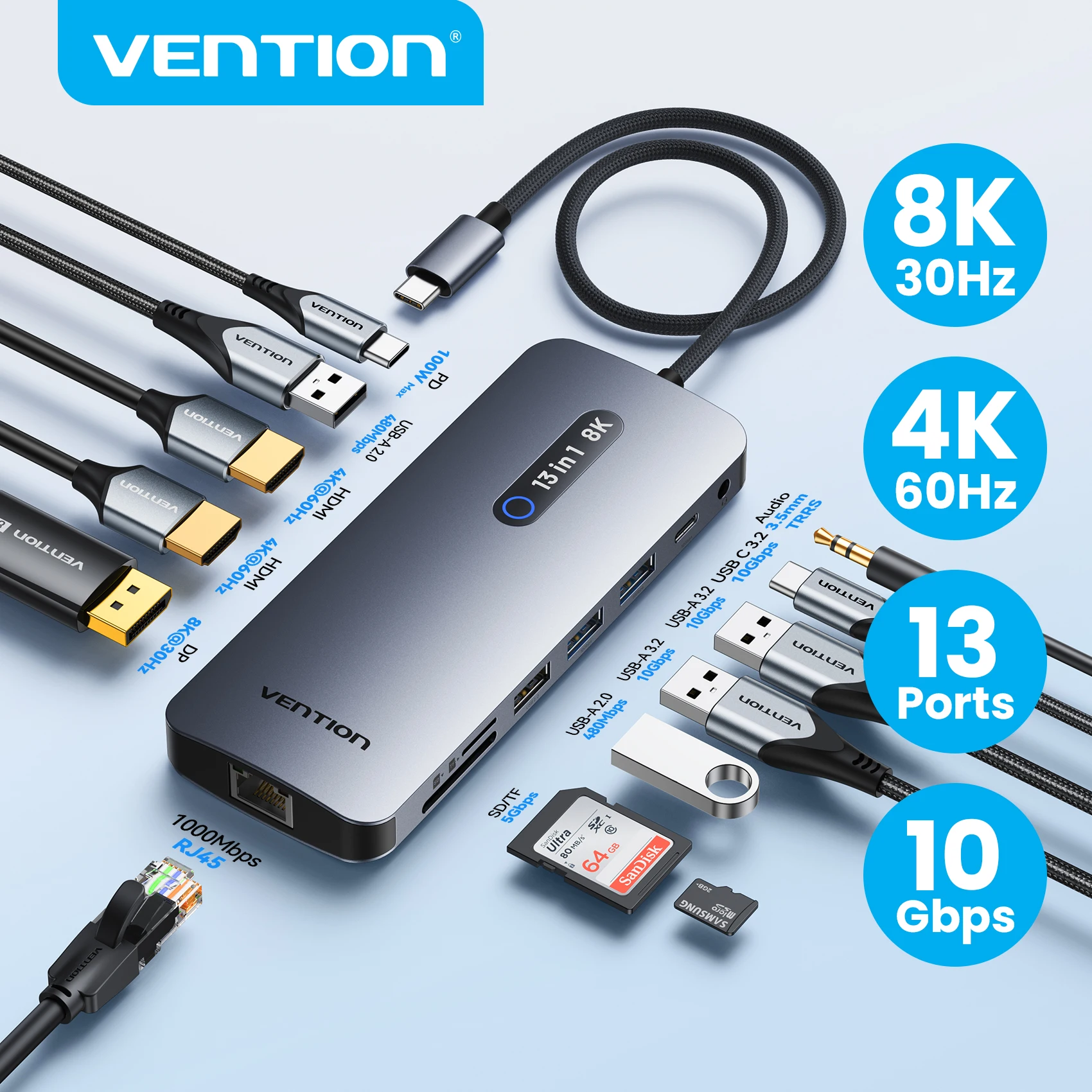 Vention USB C 8K 4K DP HDMI Docking Station 13 in 1 USB 3.2 10Gbps HUB TF SD RJ45 HUB One Touch Screen Off for MacBook Windows