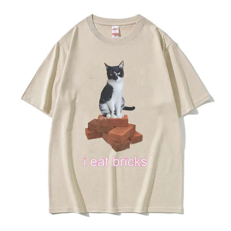 I Eat Bricks Cute Cat Funny Meme Graphic T-Shirt Summer for Men Women Fashion Clothing T-shirt O-Neck Short Sleeve T Shirts Tops