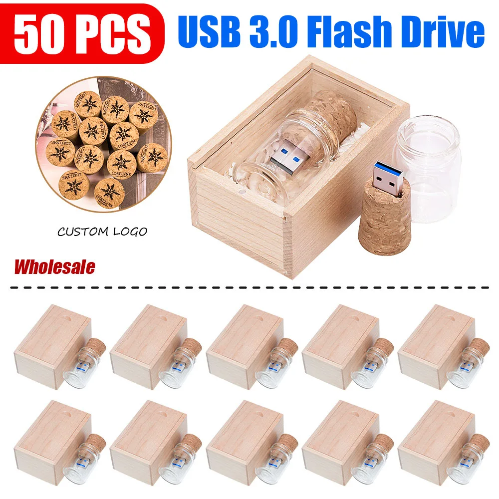 50 buah botol keinginan baru USB 3.0 botol drifting kaca usb flash drive kayu cork pendrive 8GB 16GB 32GB 64GB 128GB