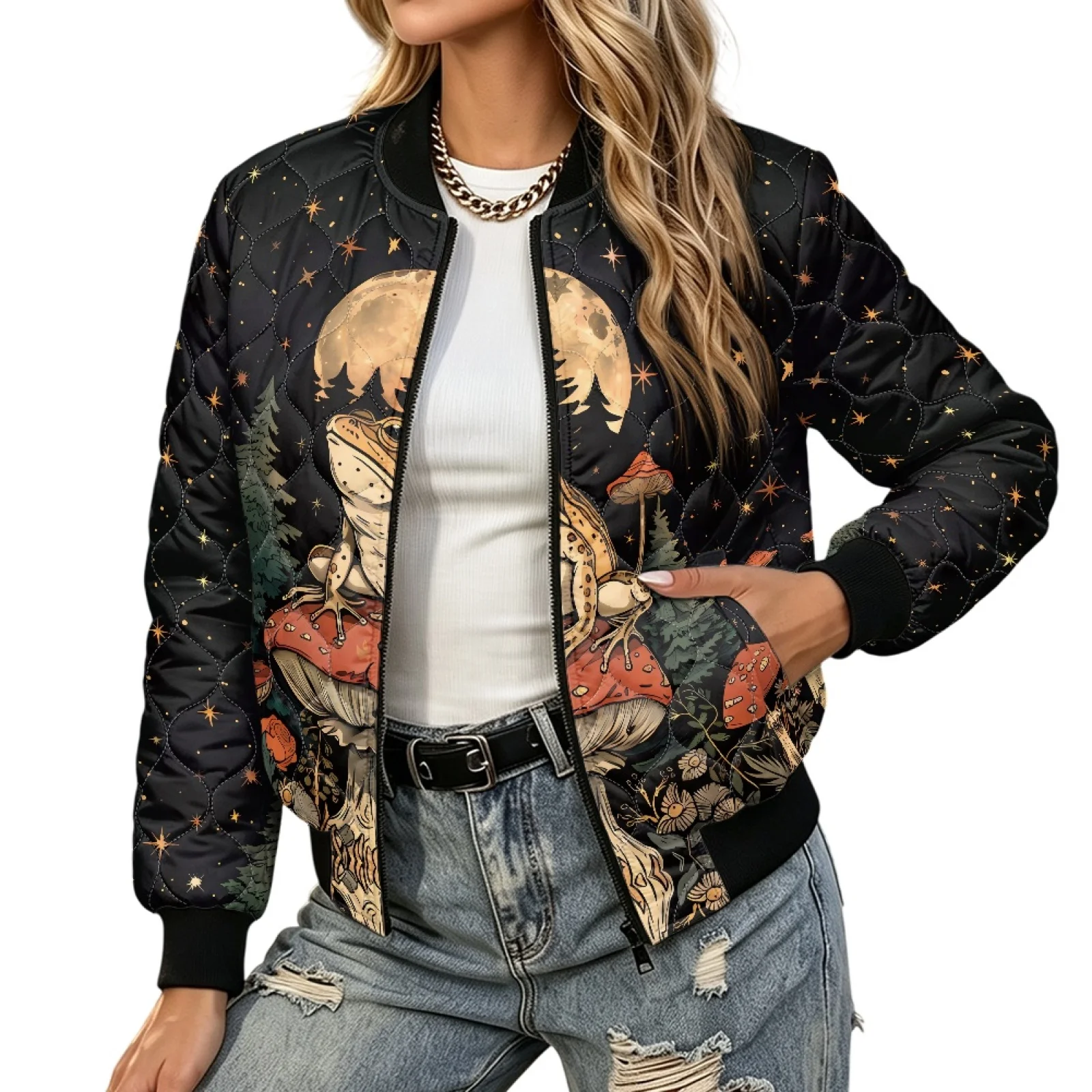 PENSTROLL Frog Mushroom Forest Womens Rib Cuff Quilted Padded Zipper Bomber Outerwear Water-Resistant the Quilted Liner