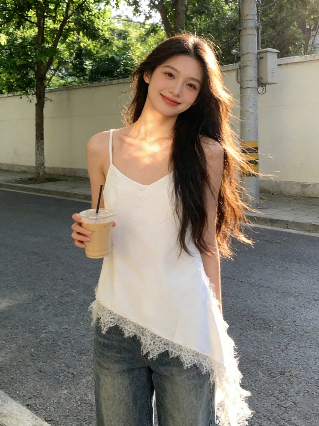 Korean Design Lace Splice Irregular White Strap Vest Women's Summer New Style Sleeveless Top Commute Style Regular Fit Cotton...