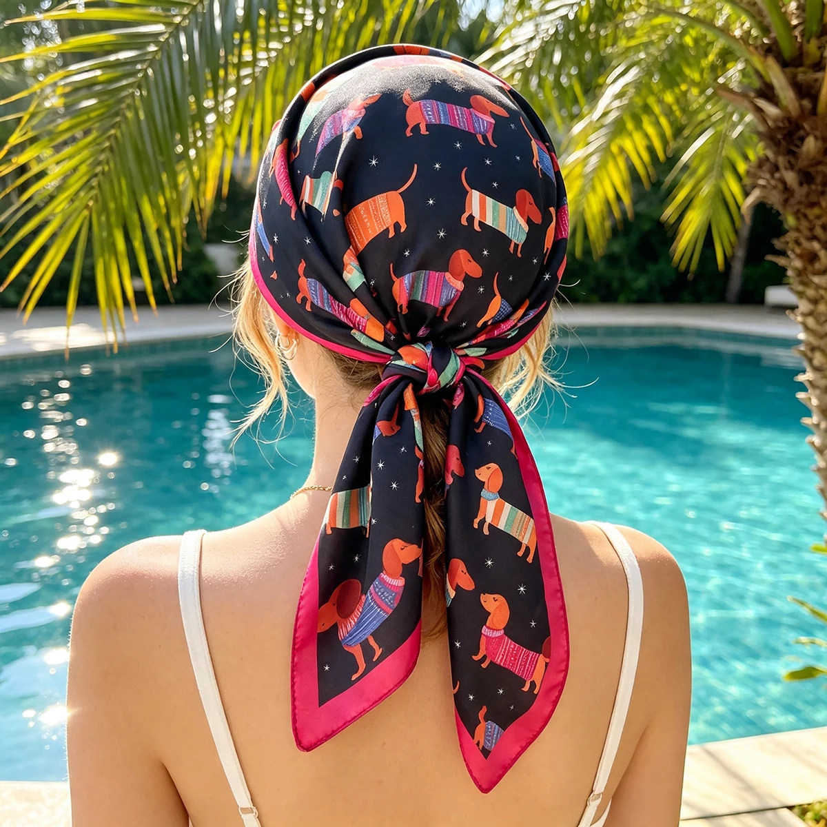 2026 Neuer Schal mit Cartoon-Hundemotiv aus Kunstseide für Damen, quadratische Haarbänder, Foulard, Damen-Bandana, Halstuch, Stirnbänder