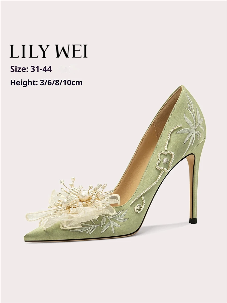 

Thin high heels spring pointed silk rhinestone beaded embroidered mesh lace bow shoes banquet large size small size women's shoe