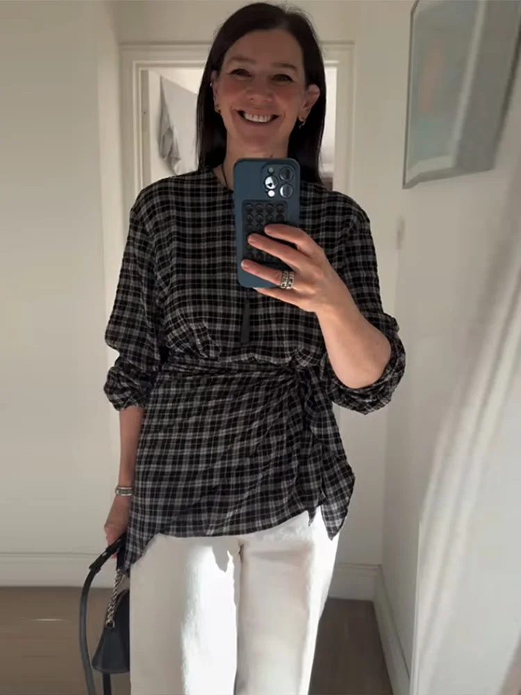 Irregular rendas até camisas femininas xadrez vintage o pescoço manga longa camisa oversize 2025 outono moda casual senhoras blusa