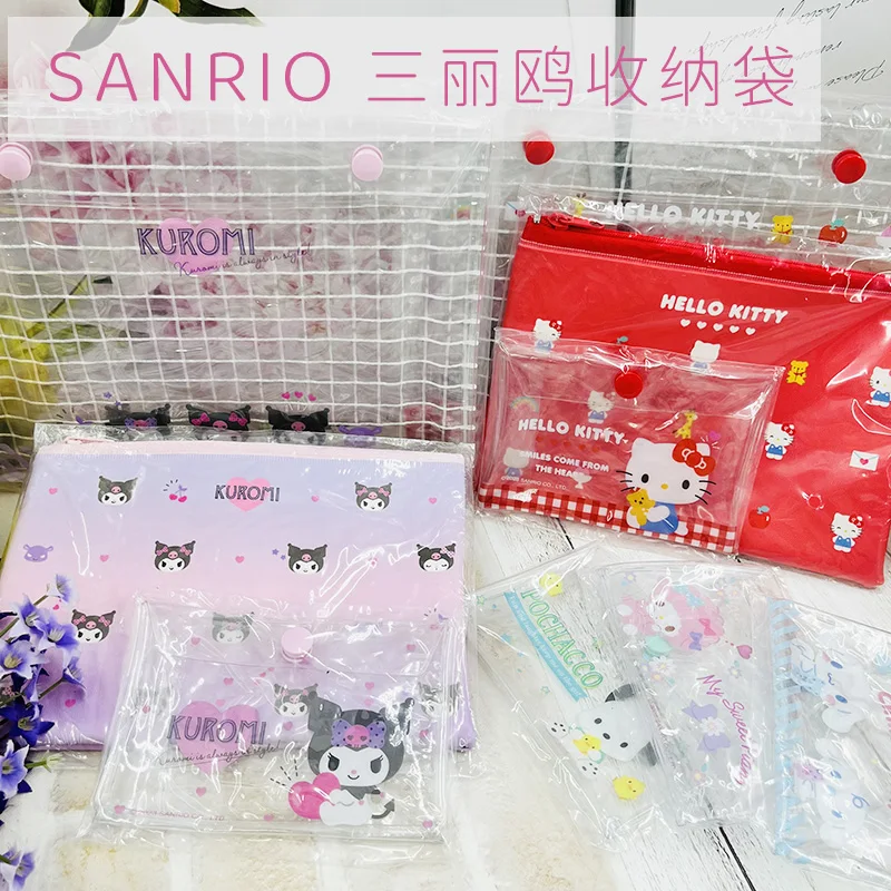 Original Sanrio 3-In-1 Organizer Bag Student Creative Stationery Kitty Kuromi Cinnamoroll My Sweet Piano Pencil Case Storage Bag