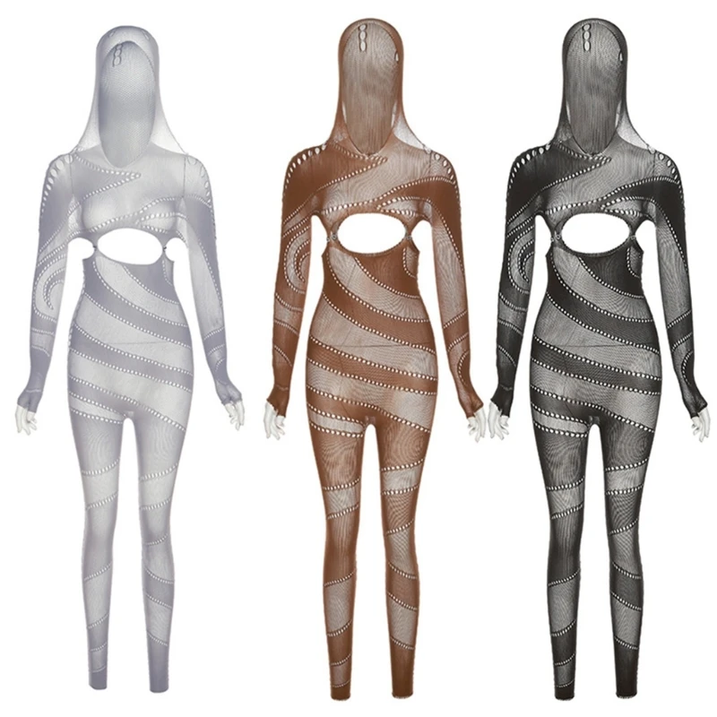

3-Color See Through Jumpsuits Sexy Holes Long Sleeve Bodycon Romper Womens