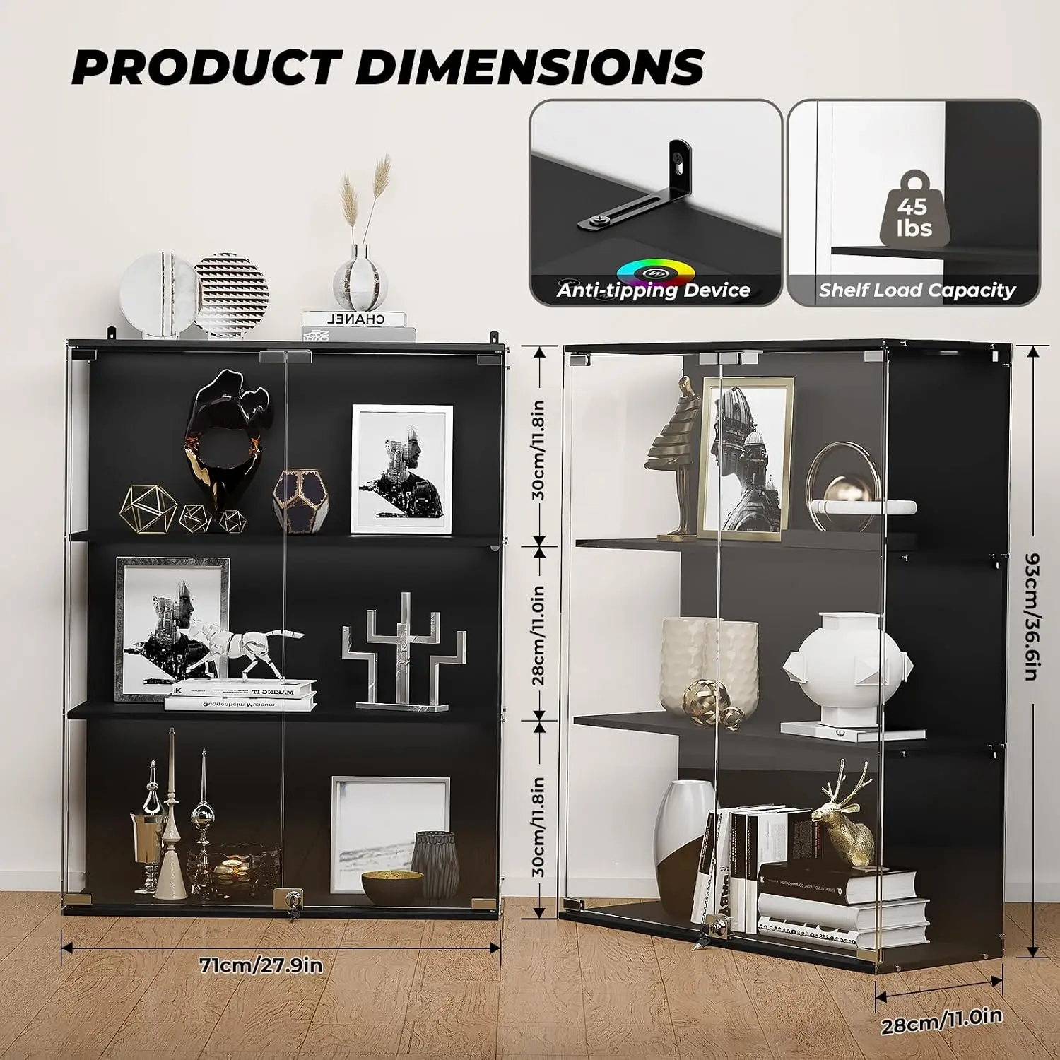 Glass Display Cabinet with RGB LED Lights, Full-View Display, 3-Tier Display Case with Glass Doors for Collectibles, Cabinets wi