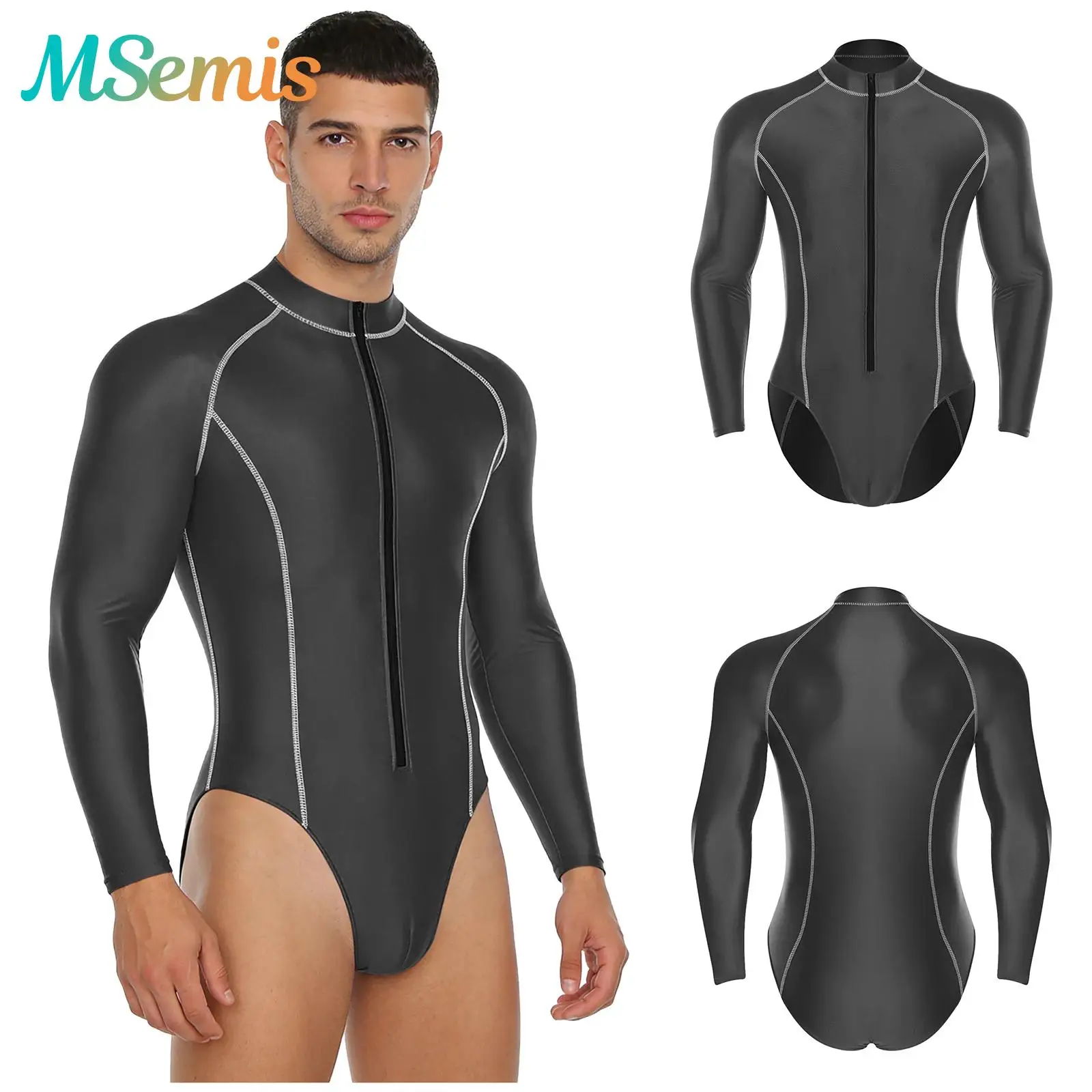

Mens Glossy Swimming Swimwear Bodysuit Swimsuit Mock Neck Long Sleeve Front Zipper Leotard Jumpsuit Beach Surfing Rash Guard
