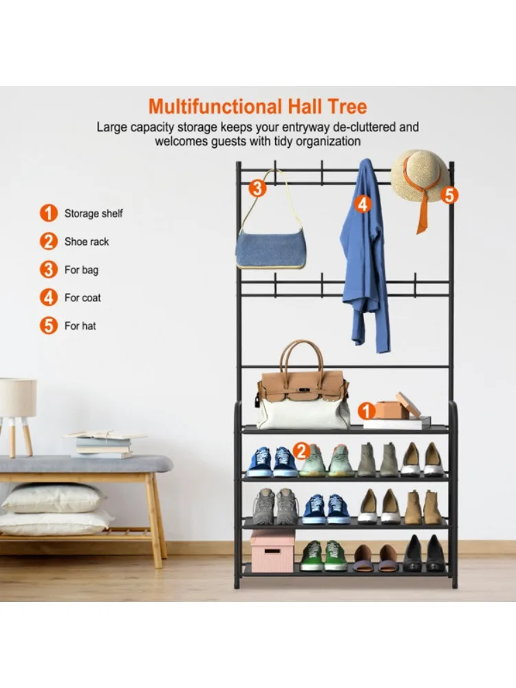 Entrance coat rack and shoe storage rack 4-layer shoe rack independent coat rack clothes and shoe storage rack combination