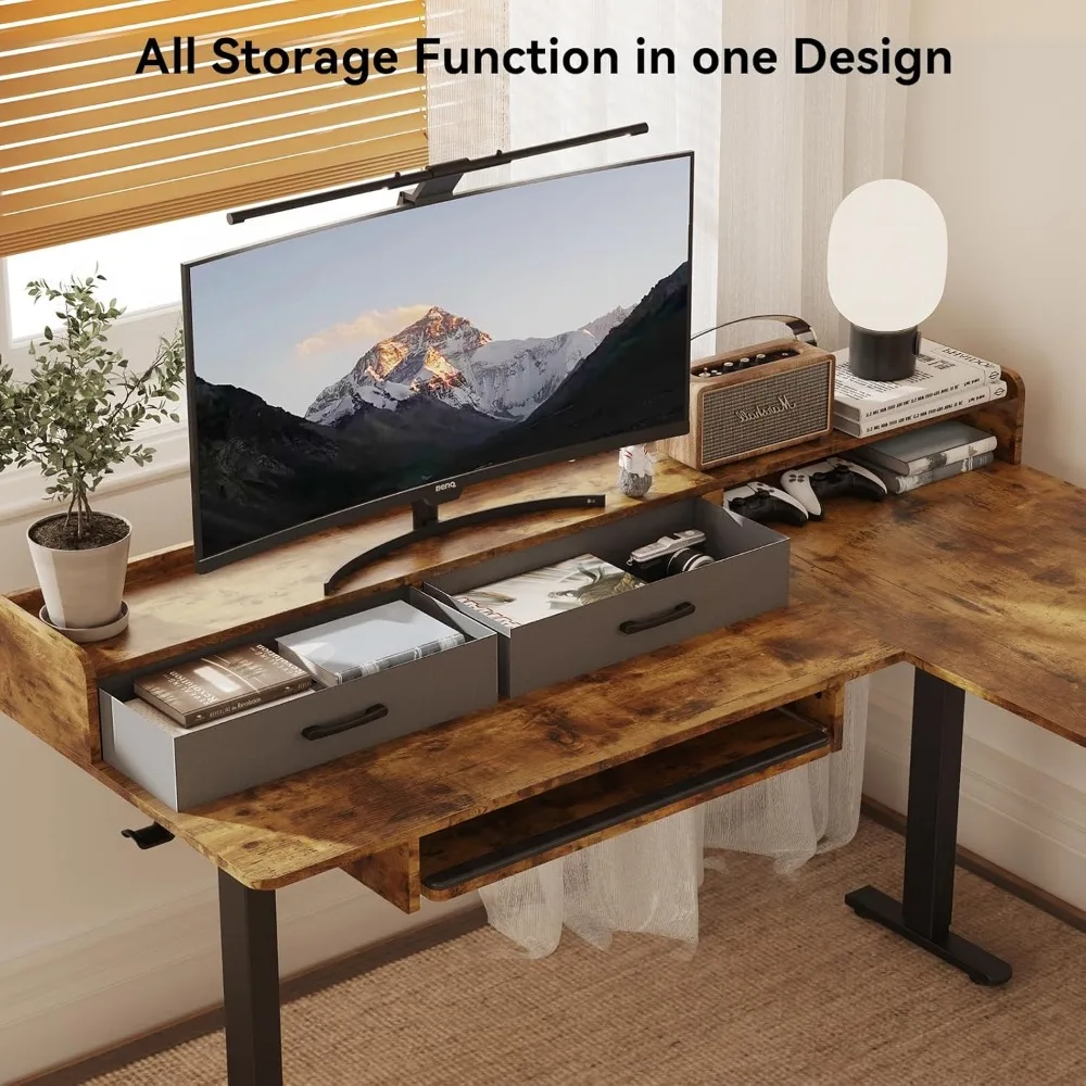 مكتب كهربائي على شكل حرف L قابل للتعديل مع درجين، صينية لوحة مفاتيح للكمبيوتر المكتبي المنزلي، خيار الجلوس على الوقوف