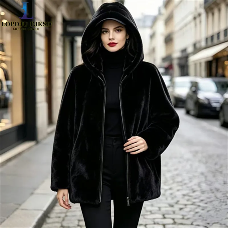 Faux Mink Fur Coat for Women,Loose Jacket,Hooded Outerwear,Thicken Warm,Female Clothes,New,Winter