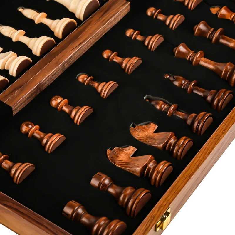 Top Grade Wooden Folding Big Traditional Classic Handwork Solid Wood Pieces with Carved Chess Figures,Walnut Chessboard view 6