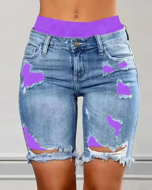 Fake 2 Piece Denim Shorts Women Summer Sexy Ripped Jeans Colorblock Letter Print Short Jeans Ripped Ripped Denim Shorts