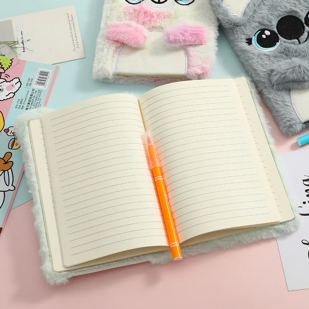 Cute Koala Plush Notebook For Girls Kawaii Pendant Keychain Furry Cats Notebook Daily Planner Journal Book Note Pad Stationery