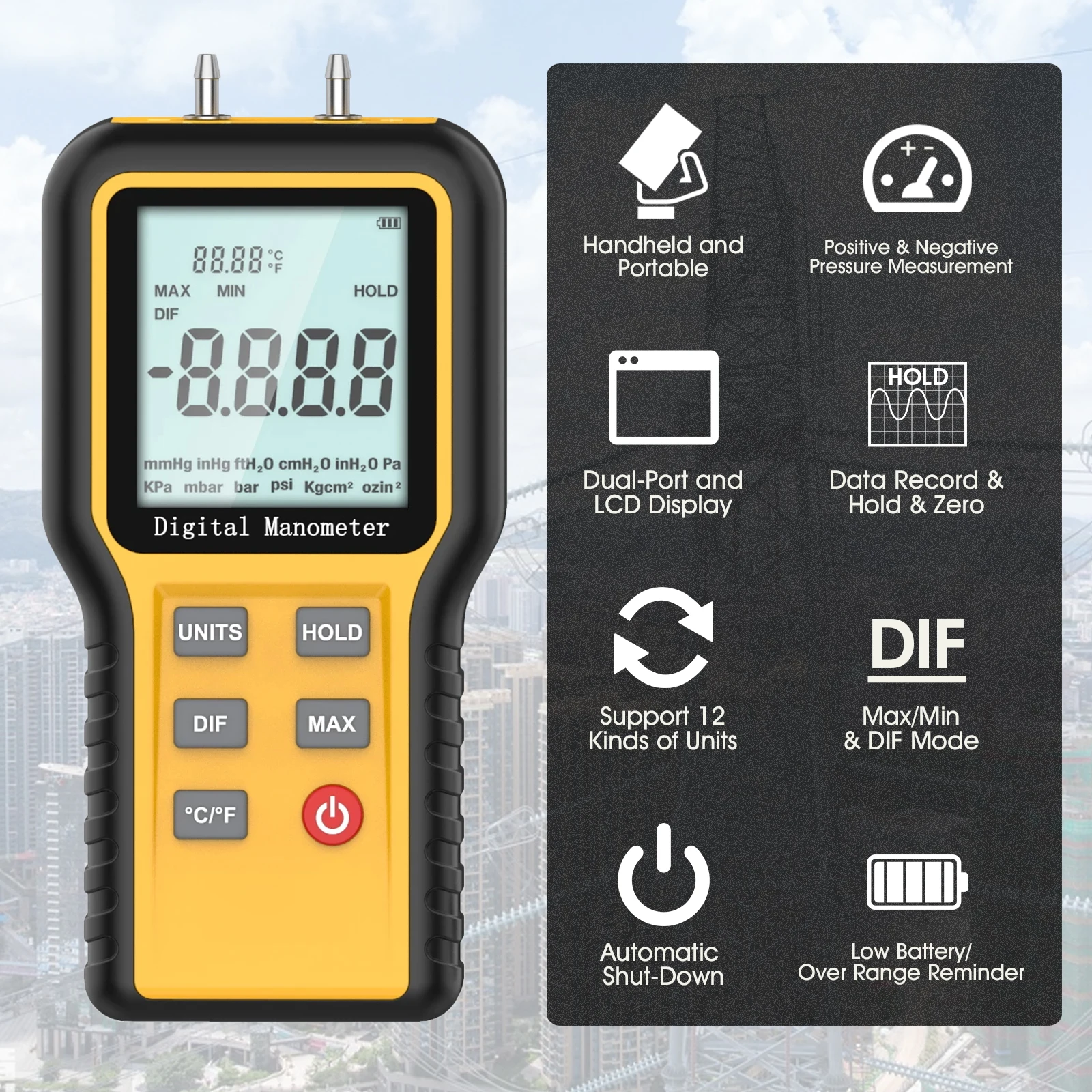 Digital Manometer,Handheld HVAC Air and Gas Pressure Tester, Dual-Port Manometer Gas Pressure Tester LCD Display With Backlight