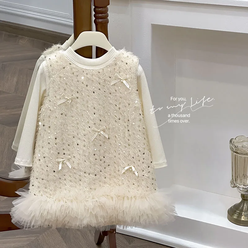 

Girls' Dress2025Mesh Skirt Set Bow Sequin Tank Dress Baby Girl Birthday Outfit