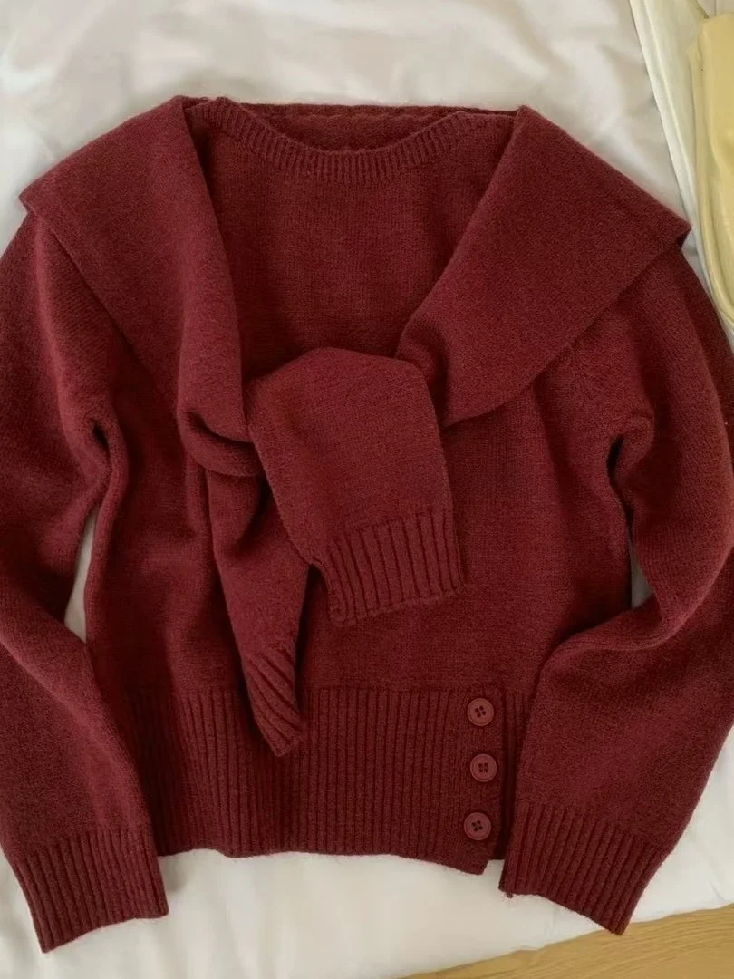 Sweet Korean Sle Yellow Knitted Sweater with Navy Collar for Women Spring New Arrival oulder awl Fake Two-Piece Top