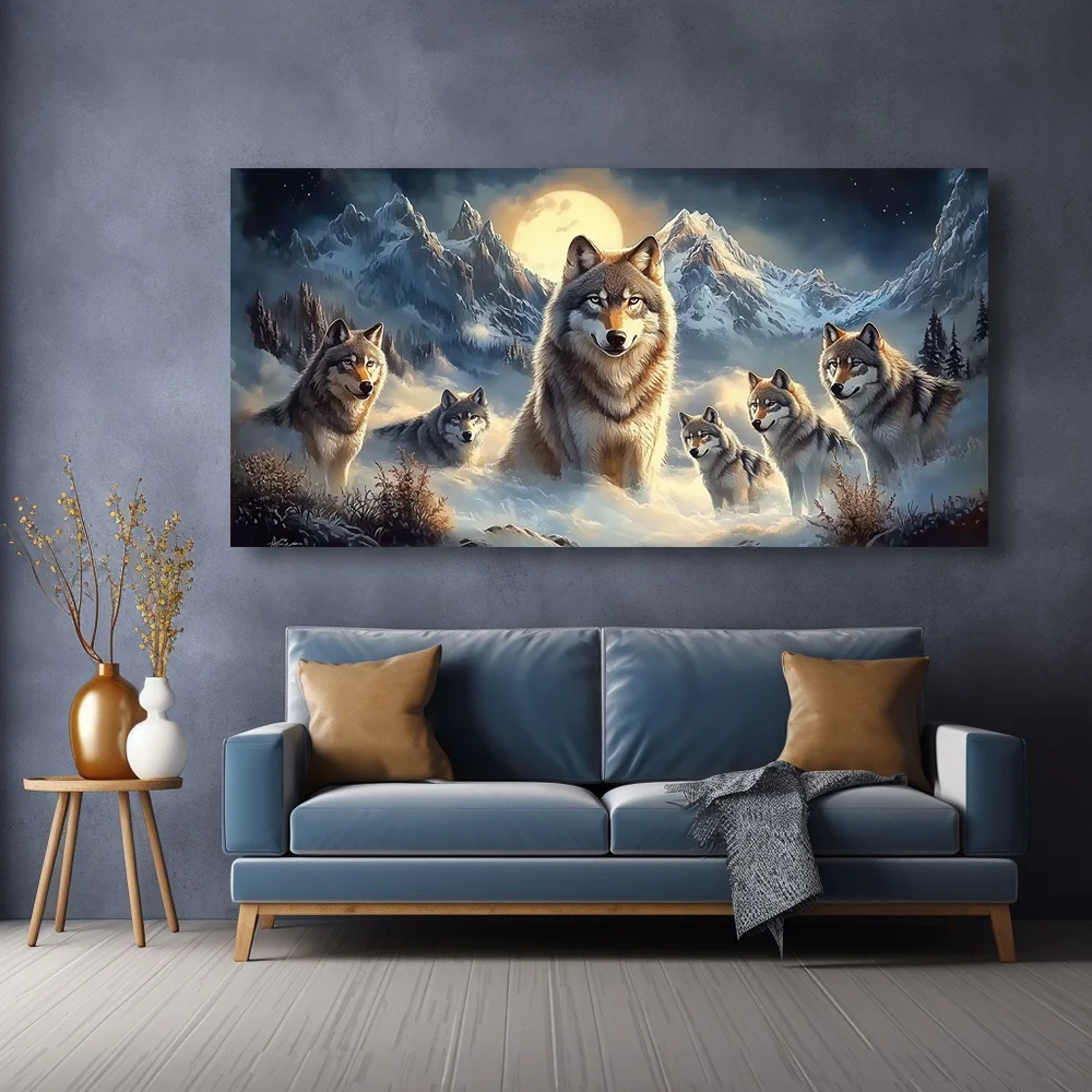 Large-sized frameless canvas paintings,Modern Abstract Snow Mountain Wolf Pack Poster and Prints Animal Art Canvas Painting Wall
