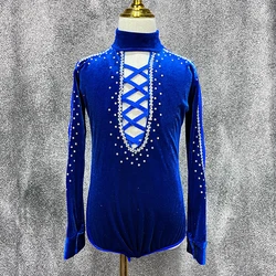 2024 Blue Velvet Latin Dance Tops Boys Kids Cha Cha Dance Costume Adult Men Latin Performance Wear Practice Bodysuit DNV21009