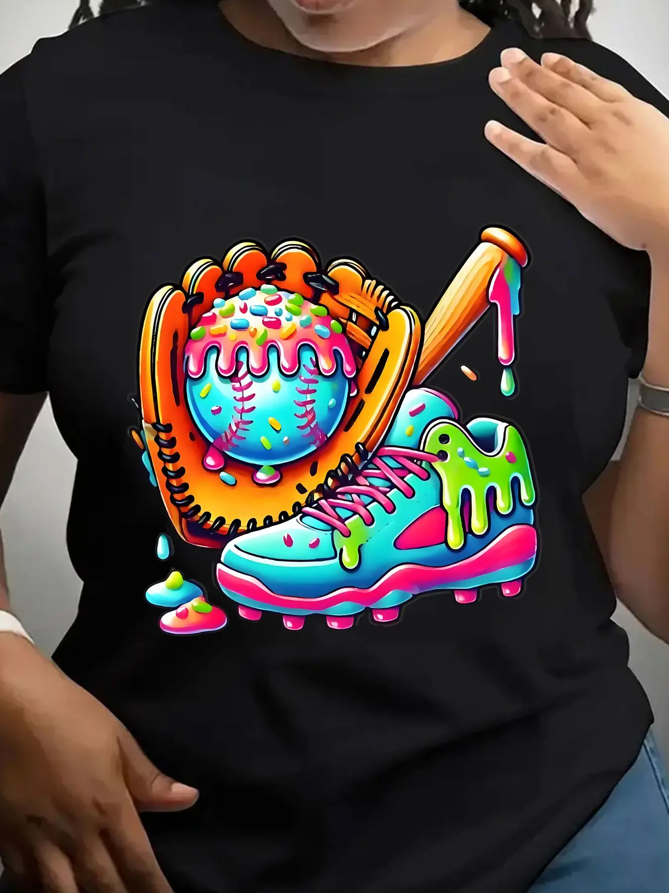 Women's Trendy Crew Neck T-Shirt Colorful Baseball Glove Bat Shoe Suitable for Casual Sportswear