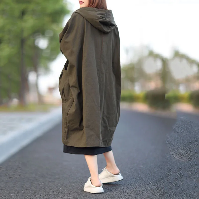 Hooded Trench Coat Women\'s Autumn Loose Pocket Minimalism Comfortable Long Coat  Casual Harajuku Solid Color Street Fashion