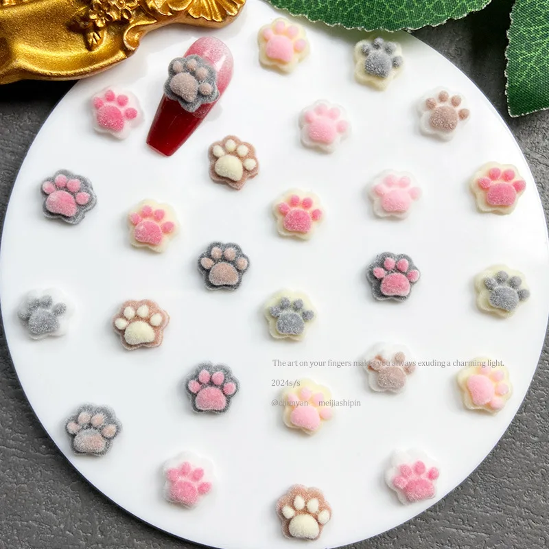 Winter Flocked Cat Paw Cartoon Nail Art Accessories Colorful 3D Bear Paw Resin Nail Charms DIY 10pcs Manicure Decorations Parts