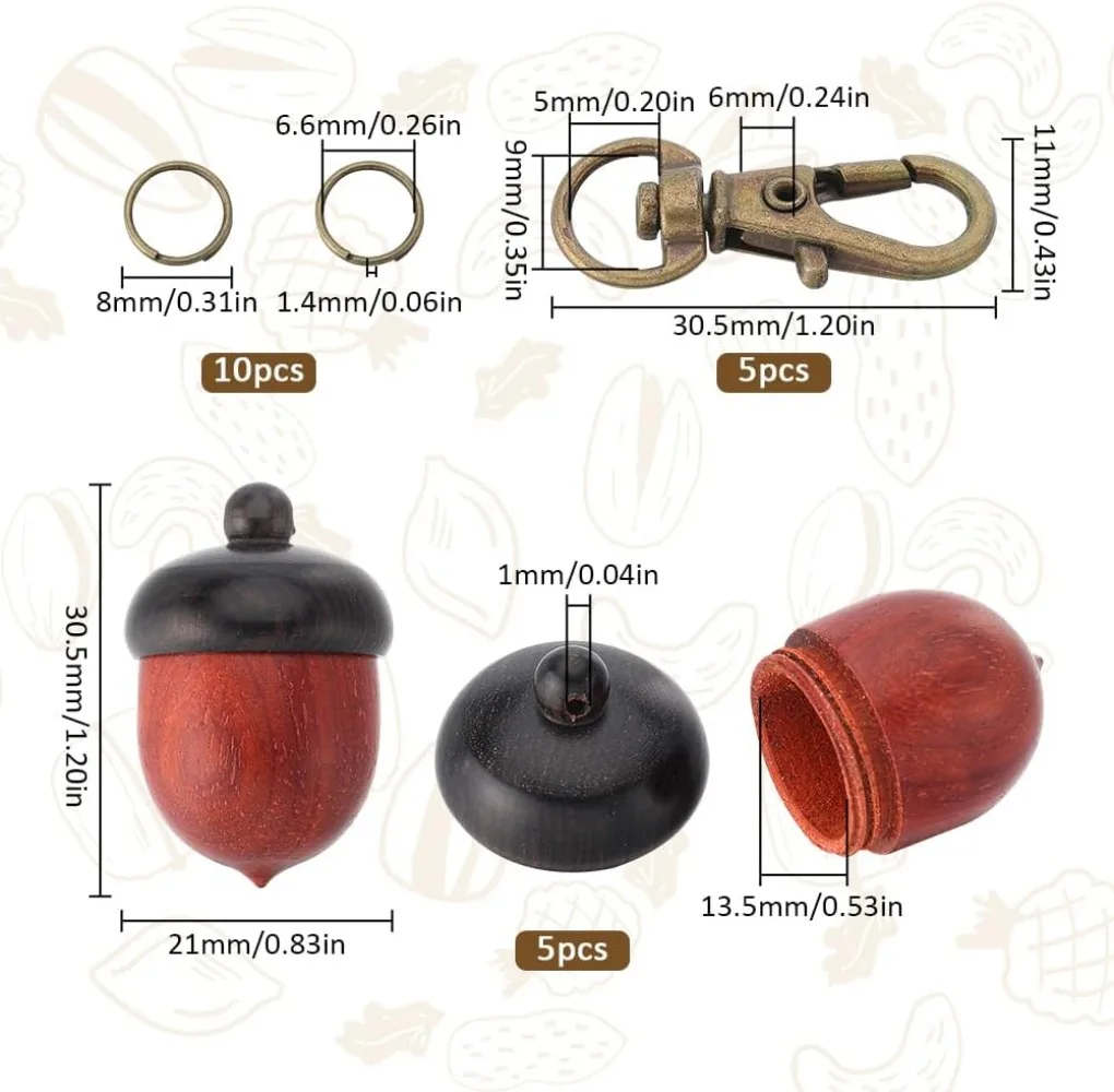 20Pcs Acorn Keychain Making Kits 5 Sets Thanksgiving Day Acorn Box Pendants Keychains Openable Screw Cap Natural Wood Nut Box