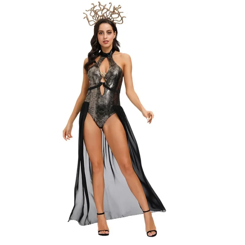 女性のためのスネークパターンのコスチューム,古代の顔の緑豊かなmyology,ドメダusa,ハロウィーン,女性のための女性のための女性のためのウエストスーツ