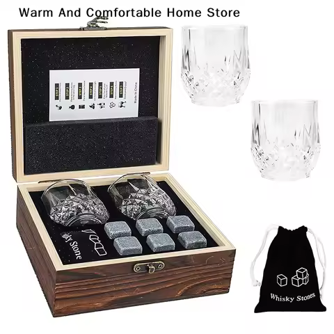 Whiskey Stones &amp; Glasses Set, Granite Ice Cube For Whisky, Whisky Chilling Rocks In Wooden Box, Best Gift For Dad Husband Men