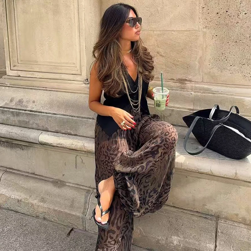 HXAO 2025 Women's Pants Animal Print Wide Pants Autumn Ladies Vintage Baggy Lantern Trousers Y2K Pleated Oversize Wide Leg Pants