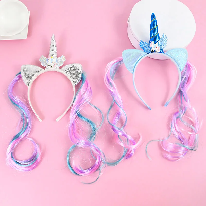 Unicorn Birthday Girl Headband Sequined Two Pigtail Hair Hoop Hairbands Baby Shower Unicorn Birthday Party Decoration Headwear