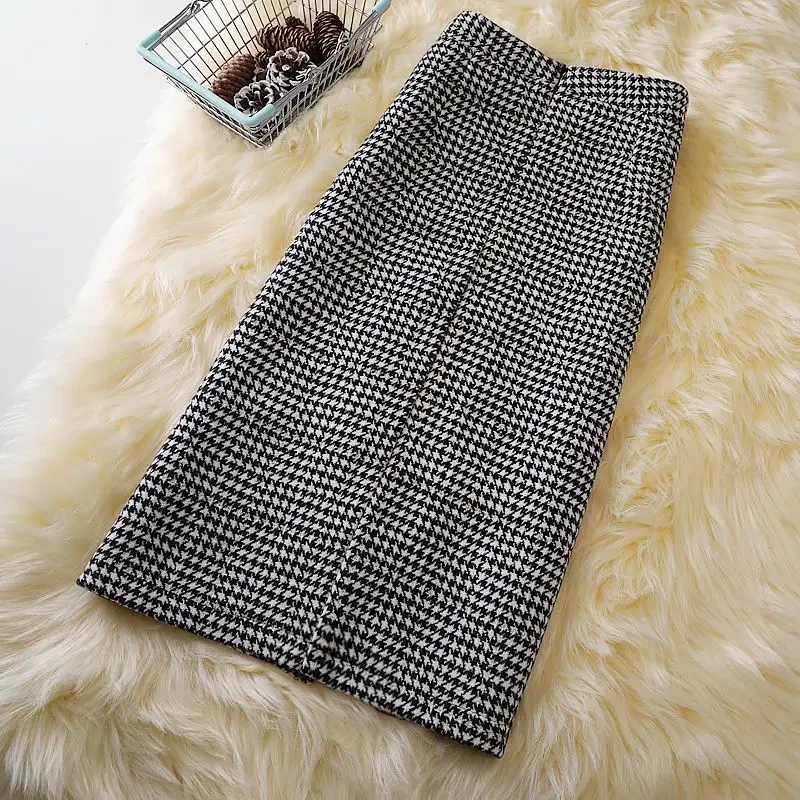 Fashion Autumn Winter New Woolen Women's High Waist Houndstooth Pockets Button Irregular Elegant Mid-length A-line Skirt A205