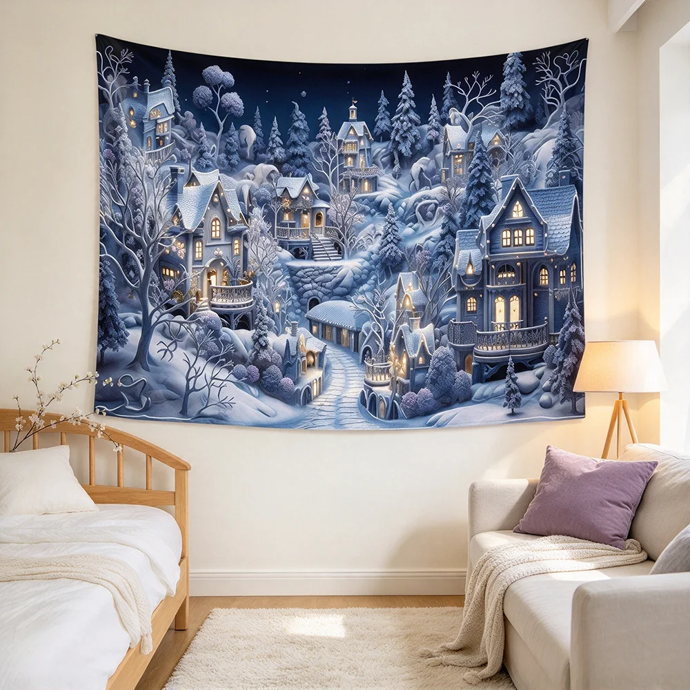 1PCS Tapestry, Winter Village Snow Covered Houses Blue Night Lit Windows Scene, Holiday Party Decoration for Home Studio Wall